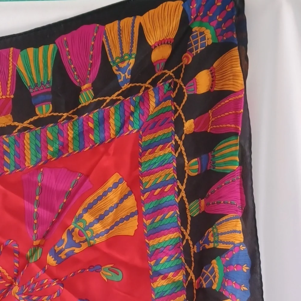 Vintage Jacqueline Ferrar Tassel pattern 100% Silk Scarf, 31